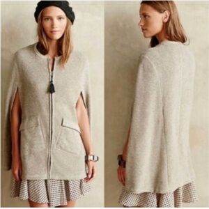 Anthropologie Cream Zip-Front Wool Cape with Tassel